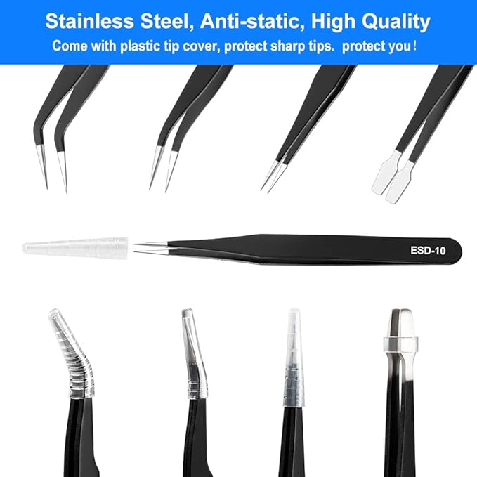 Cargue la imagen en el visor de la galería, 10-Piece Precision Tweezers Set – ESD Anti-Static Stainless Steel Kit with Storage Pouch
