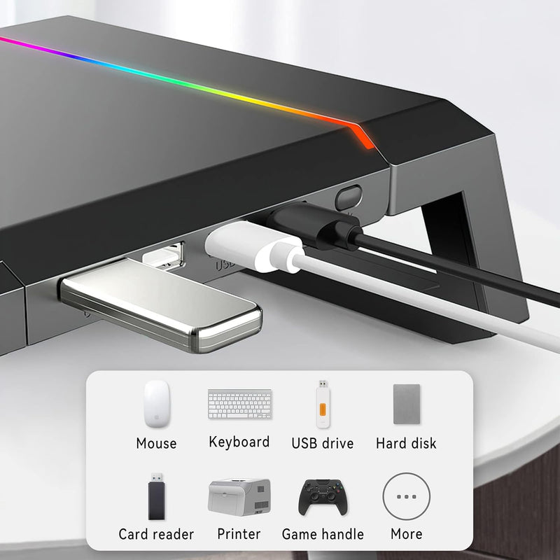 Cargue la imagen en el visor de la galería, RGB Gaming Computer Monitor Stand Riser with Drawer,Storage and Phone Holder - 1 USB 3.0 and 3 USB 2.0 Hub, 3 Length Adjustable
