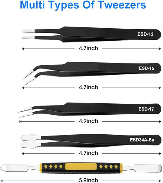 10-Piece Precision Tweezers Set – ESD Anti-Static Stainless Steel Kit with Storage Pouch
