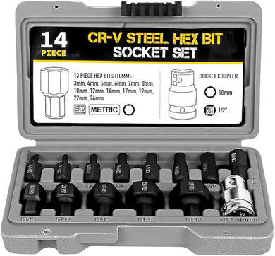 Hi-Spec 14 in 1 Multiple Size CR-V Steel Hex Bit Socket With Storage Case