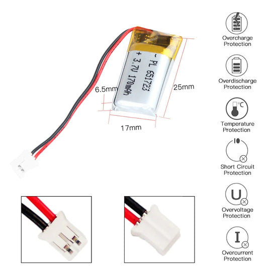 [PH2.0-JST Connector][651723] Universal 170mAh 3.7V Rechargeable Li-Ion Lithium Polymer Battery - Polar Tech Australia