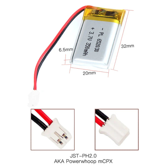 [PH2.0-JST Connector][652030] Universal 350mAh 3.7V Rechargeable Li-Ion Lithium Polymer Battery - Polar Tech Australia