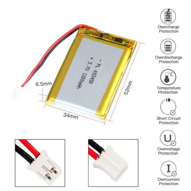 [PH2.0-JST Connector][653450] Universal 1200mAh 3.7V Rechargeable Li-Ion Lithium Polymer Battery - Polar Tech Australia