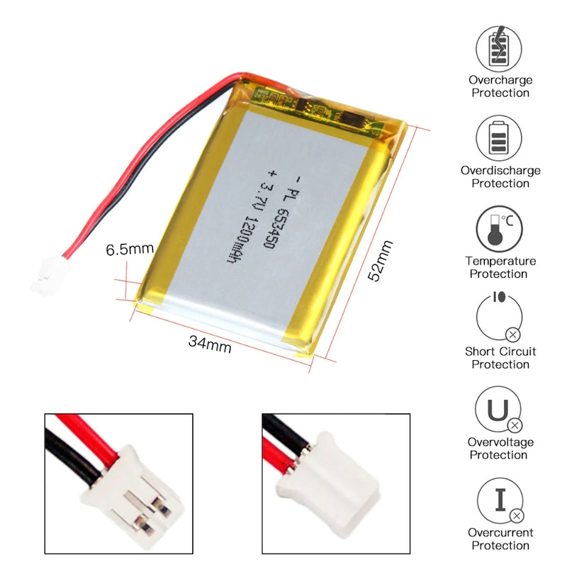 Load image into Gallery viewer, [PH2.0-JST Connector][653450] Universal 1200mAh 3.7V Rechargeable Li-Ion Lithium Polymer Battery - Polar Tech Australia
