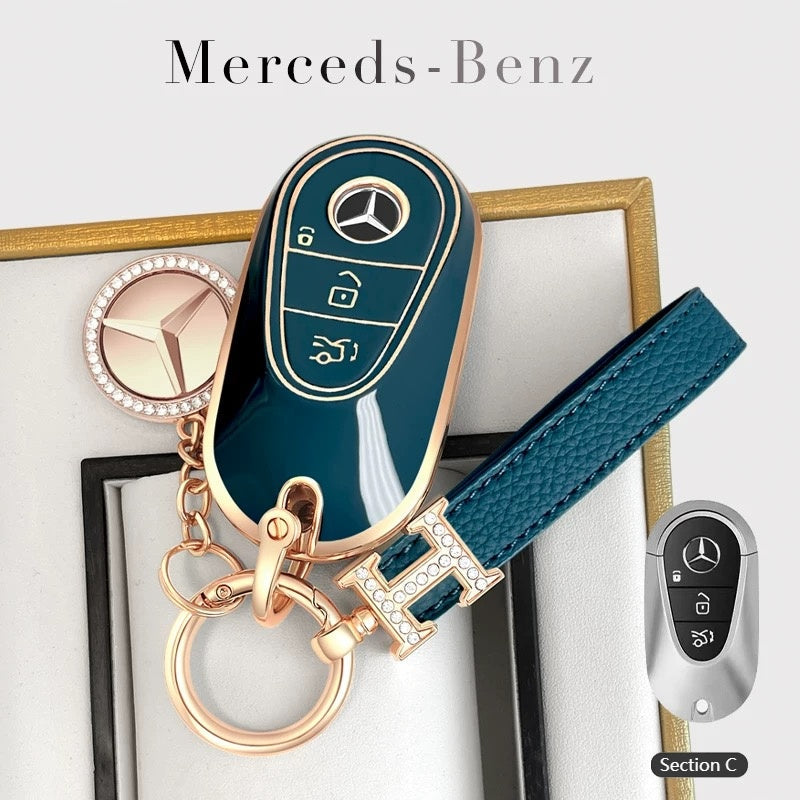 Load image into Gallery viewer, Mercedes Benz Fashionable TPU + Aluminum alloy + Leather Car Key Fob Case Cover For Benz C, E, S, G-Class, GLE, GLC, CLA, CLS, EQC, ML, GL, EQS
