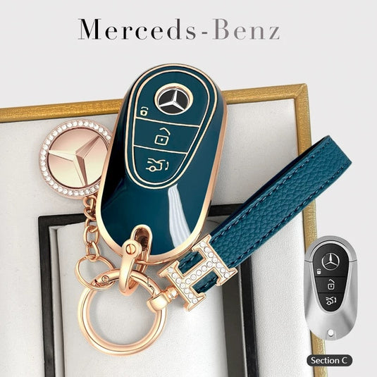 Mercedes Benz Fashionable TPU + Aluminum alloy + Leather Car Key Fob Case Cover For Benz C, E, S, G-Class, GLE, GLC, CLA, CLS, EQC, ML, GL, EQS