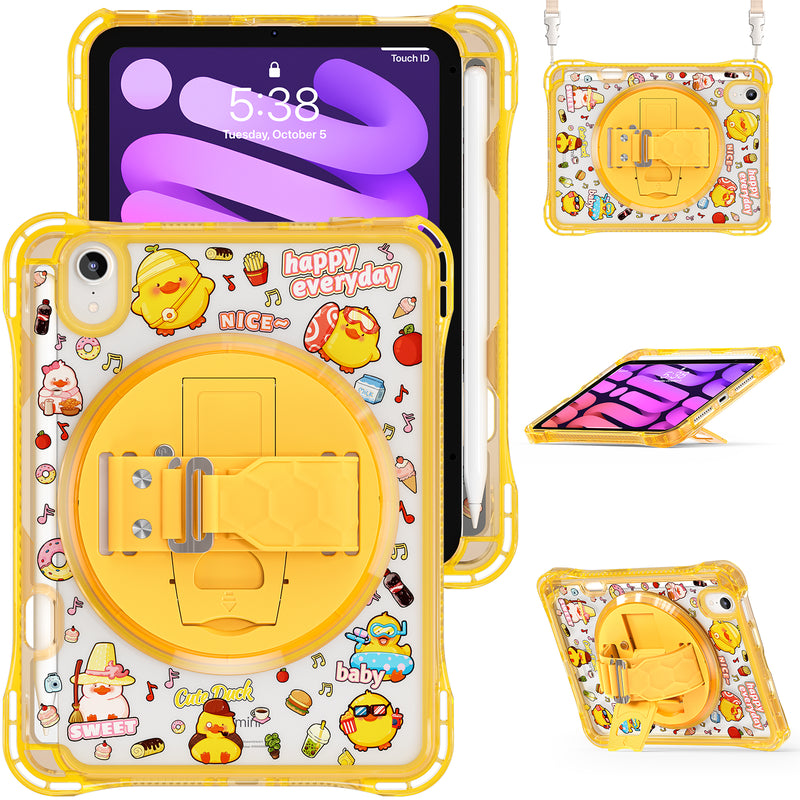 Cargue la imagen en el visor de la galería, [Built-in Pen Slot][With Shoulder Strap] Apple iPad Mini 6/7 8.3&#39;&#39; 6/7th Gen (2021/2024) Cartoon Kids Transparent Anti-Drop Protective Stand Case
