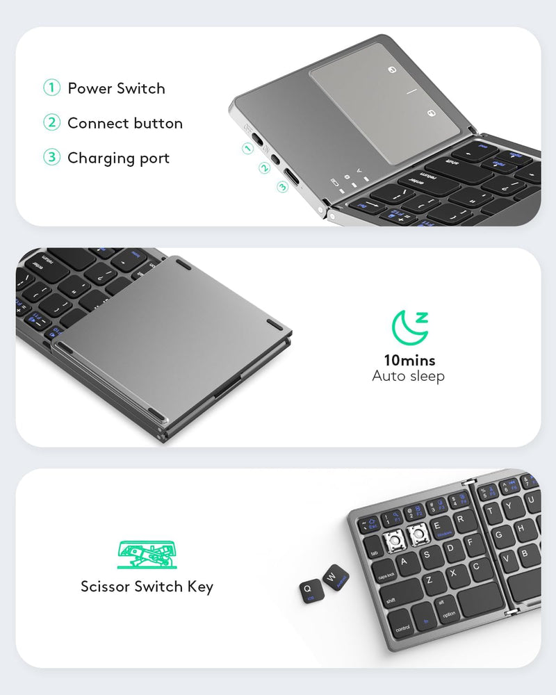 Cargue la imagen en el visor de la galería, Foldable Bluetooth Keyboard with Touchpad Portable Wireless Keyboard , Rechargeable Full Size Ultra Slim Pocket Folding Keyboard for Android Windows iOS Tablet And Mobile Phone - Polar Tech Australia
