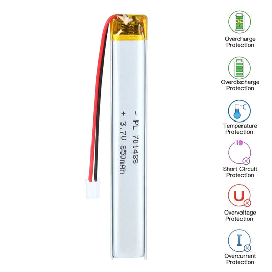 [PH2.0-JST Connector][701488] Universal 850mAh 3.7V Rechargeable Li-Ion Lithium Polymer Battery - Polar Tech Australia