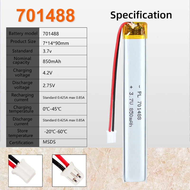 Load image into Gallery viewer, [PH2.0-JST Connector][701488] Universal 850mAh 3.7V Rechargeable Li-Ion Lithium Polymer Battery - Polar Tech Australia
