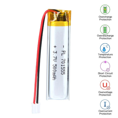 [PH2.0-JST Connector][651555 & 701555] Universal 500mAh 3.7V Rechargeable Li-Ion Lithium Polymer Battery - Polar Tech Australia