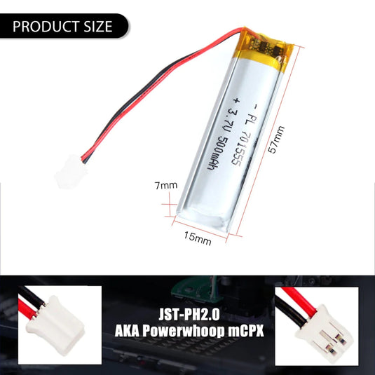 [PH2.0-JST Connector][651555 & 701555] Universal 500mAh 3.7V Rechargeable Li-Ion Lithium Polymer Battery - Polar Tech Australia