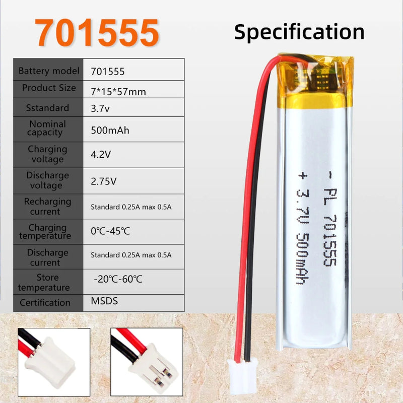Load image into Gallery viewer, [PH2.0-JST Connector][651555 &amp; 701555] Universal 500mAh 3.7V Rechargeable Li-Ion Lithium Polymer Battery - Polar Tech Australia
