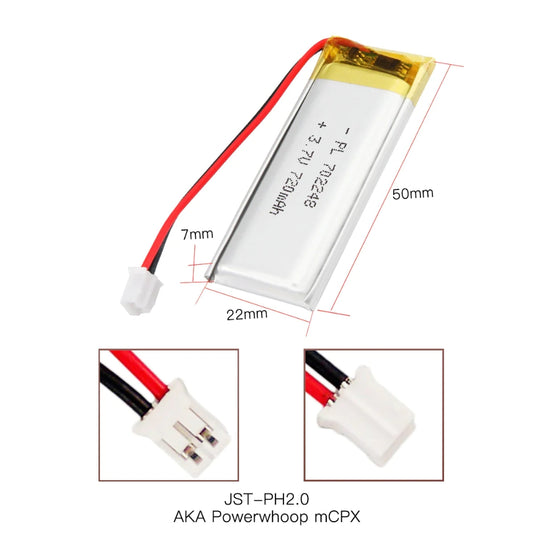 [PH2.0-JST Connector][702248] Universal 720mAh 3.7V Rechargeable Li-Ion Lithium Polymer Battery - Polar Tech Australia