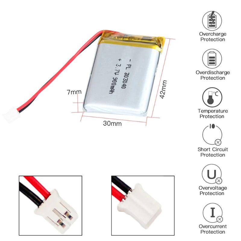 Load image into Gallery viewer, [PH2.0-JST Connector][703040] Universal 900mAh 3.7V Rechargeable Li-Ion Lithium Polymer Battery - Polar Tech Australia
