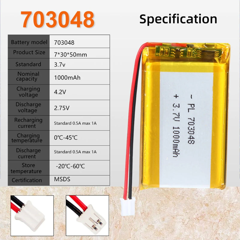 Load image into Gallery viewer, [PH2.0-JST Connector][703048] Universal 1000mAh 3.7V Rechargeable Li-Ion Lithium Polymer Battery - Polar Tech Australia
