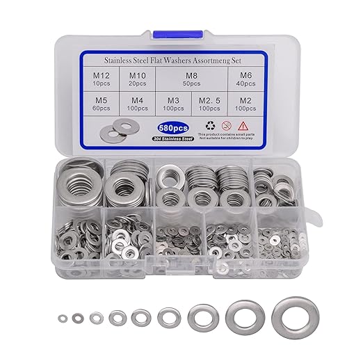 [580 Pieces] Stainless Steel Flat Washers Assortment Kit (M2 M2.5 M3 M4 M5 M6 M8 M10 M12), Lock Washers, Sealing Rings