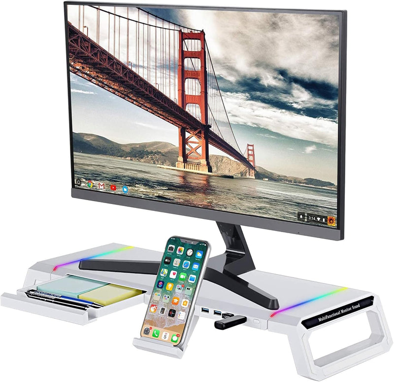 Cargue la imagen en el visor de la galería, RGB Gaming Computer Monitor Stand Riser with Drawer,Storage and Phone Holder - 1 USB 3.0 and 3 USB 2.0 Hub, 3 Length Adjustable
