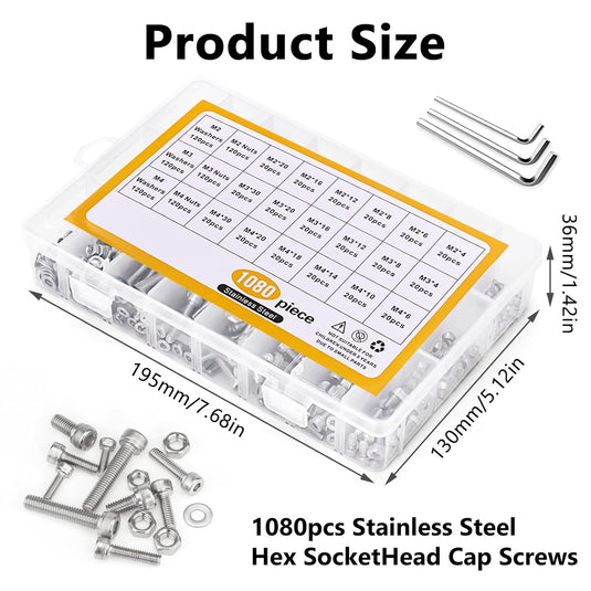 [1080 Pieces] Stainless Steel M2 M3 M4 Hex Socket Screws, Bolts, Nuts & Washers Set with Storage Box