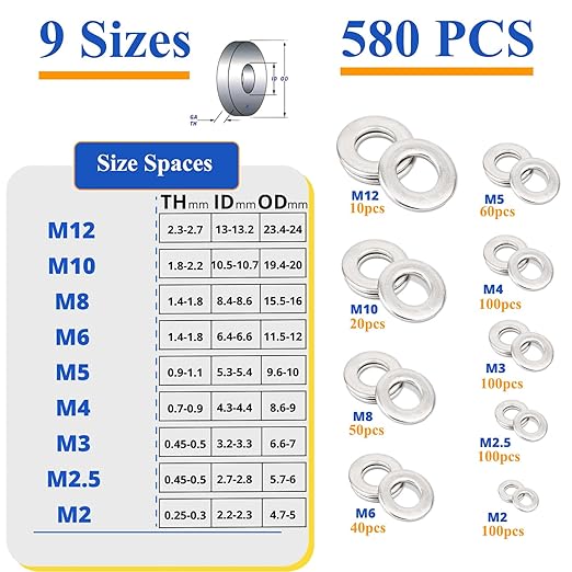 Load image into Gallery viewer, [580 Pieces] Stainless Steel Flat Washers Assortment Kit (M2 M2.5 M3 M4 M5 M6 M8 M10 M12), Lock Washers, Sealing Rings
