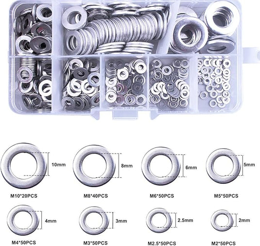 [360 Pieces] Stainless Steel Flat Washers Assortment Kit (M2 M2.5 M3 M4 M5 M6 M8 M10), Lock Washers, Sealing Rings