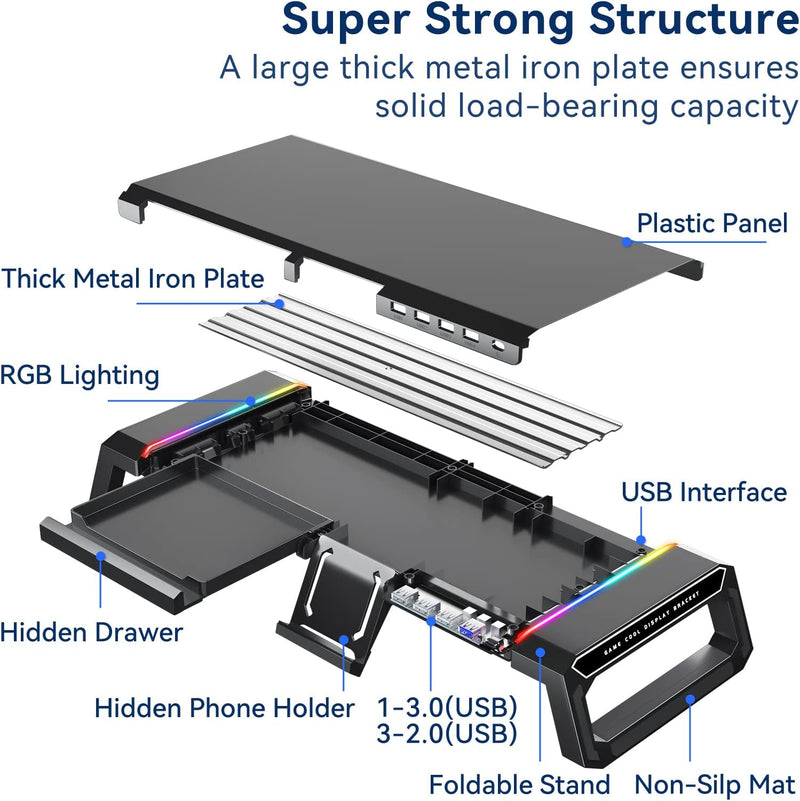 Cargue la imagen en el visor de la galería, RGB Gaming Computer Monitor Stand Riser with Drawer,Storage and Phone Holder - 1 USB 3.0 and 3 USB 2.0 Hub, 3 Length Adjustable
