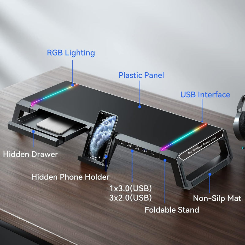 Cargue la imagen en el visor de la galería, RGB Gaming Computer Monitor Stand Riser with Drawer,Storage and Phone Holder - 1 USB 3.0 and 3 USB 2.0 Hub, 3 Length Adjustable
