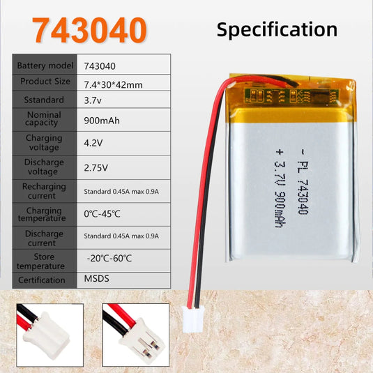 [PH2.0-JST Connector][743040] Universal 900mAh 3.7V Rechargeable Li-Ion Lithium Polymer Battery - Polar Tech Australia