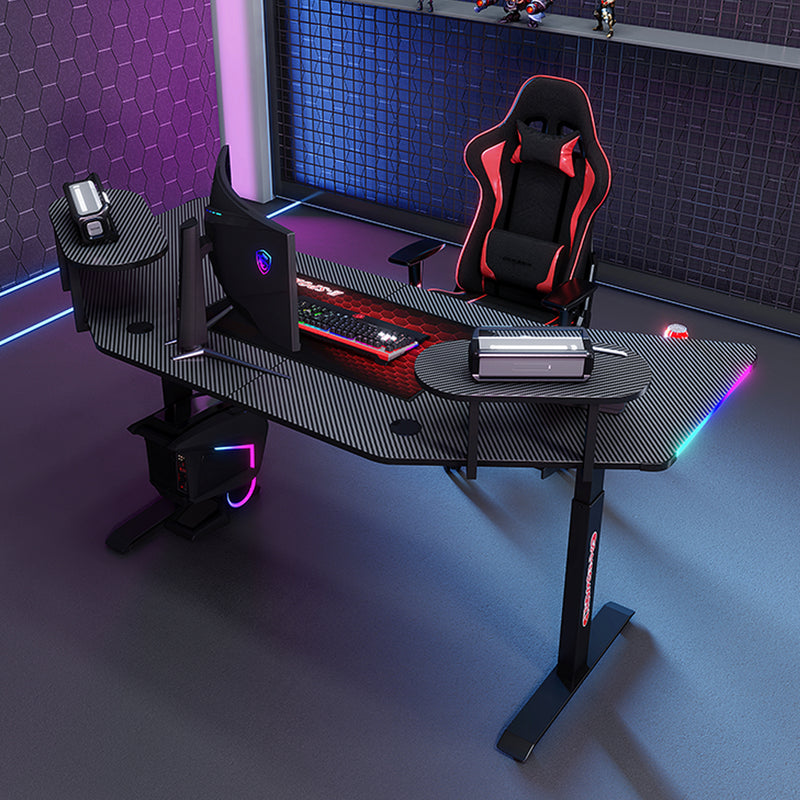 Load image into Gallery viewer, [Motorized Adjustable] Ultra Wide Large Gaming Desk with RBG LED Lights Carbon Fiber Surface with Cup Holder &amp; Headphone Hook
