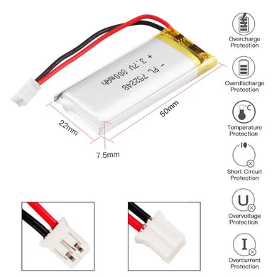 [PH2.0-JST Connector][752248] Universal 800mAh 3.7V Rechargeable Li-Ion Lithium Polymer Battery - Polar Tech Australia