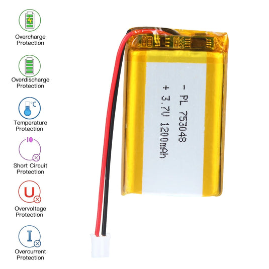 [PH2.0-JST Connector][753048] Universal 1200mAh 3.7V Rechargeable Li-Ion Lithium Polymer Battery - Polar Tech Australia