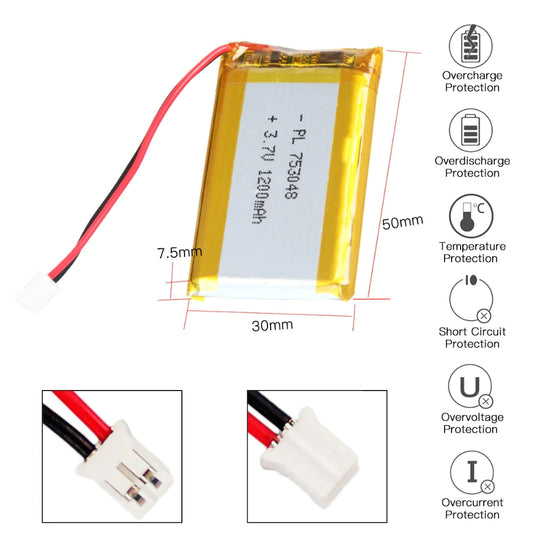[PH2.0-JST Connector][753048] Universal 1200mAh 3.7V Rechargeable Li-Ion Lithium Polymer Battery - Polar Tech Australia