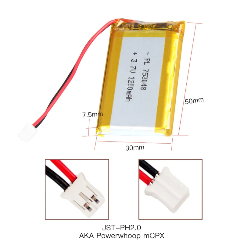 Load image into Gallery viewer, [PH2.0-JST Connector][753048] Universal 1200mAh 3.7V Rechargeable Li-Ion Lithium Polymer Battery - Polar Tech Australia
