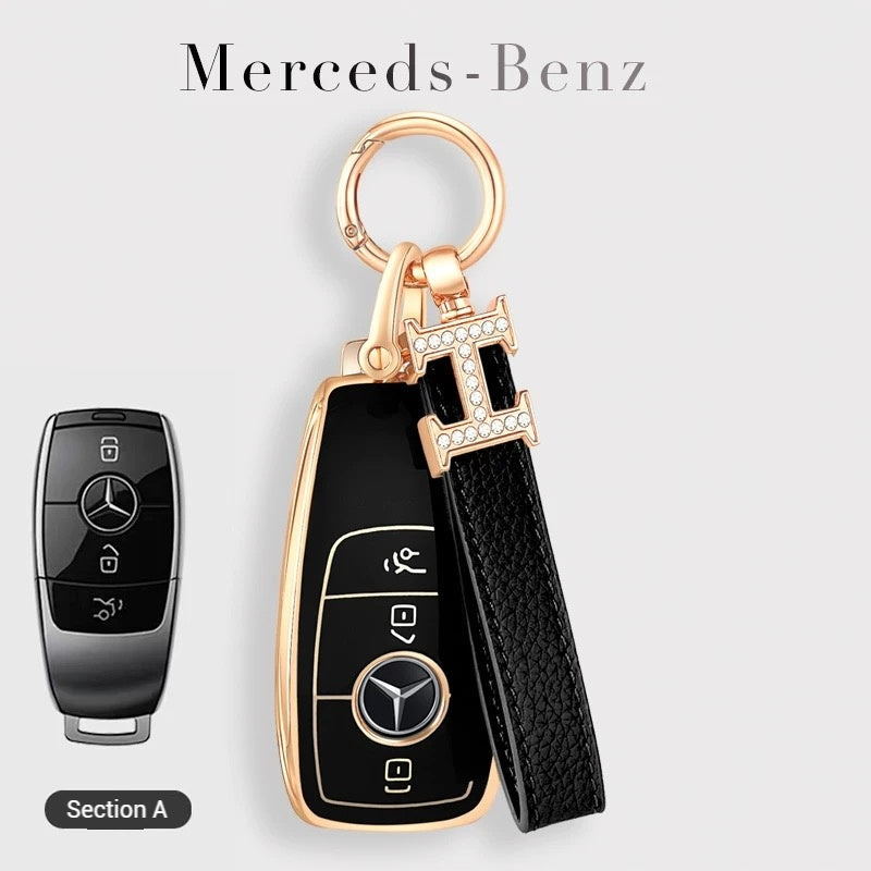 Load image into Gallery viewer, Mercedes Benz Fashionable TPU + Aluminum alloy + Leather Car Key Fob Case Cover For Benz C, E, S, G-Class, GLE, GLC, CLA, CLS, EQC, ML, GL, EQS
