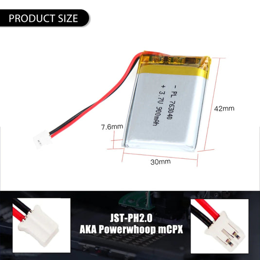 [PH2.0-JST Connector][763040] Universal 900mAh 3.7V Rechargeable Li-Ion Lithium Polymer Battery - Polar Tech Australia