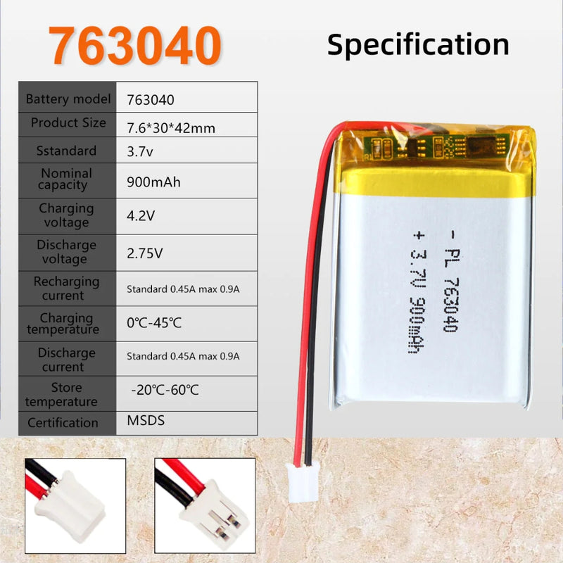 Load image into Gallery viewer, [PH2.0-JST Connector][763040] Universal 900mAh 3.7V Rechargeable Li-Ion Lithium Polymer Battery - Polar Tech Australia

