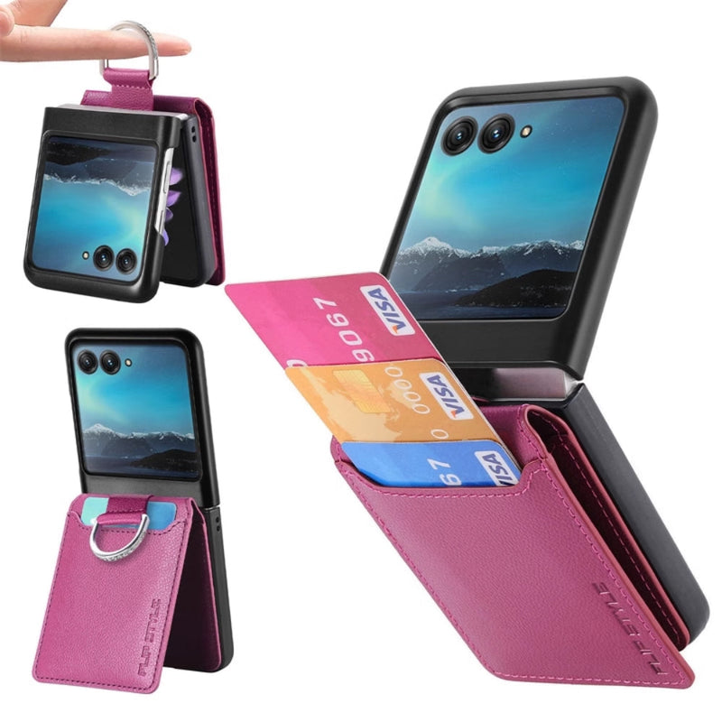 Cargue la imagen en el visor de la galería, [With Card Slot] Motorola Razr 50/Ultra - Litchi Texture Leather Ring Wallet Phone Case - Polar Tech Australia
