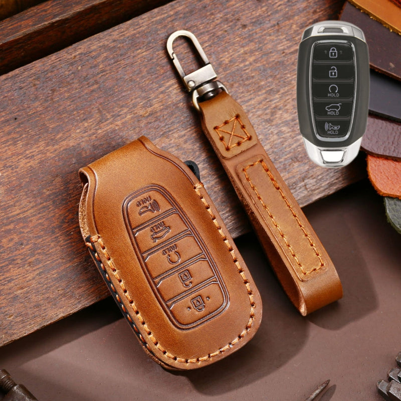 Chargez l&#39;image dans la visionneuse de la galerie, Hyundai Handcrafted Genuine Leather Car Key Fob Protective Case Cover For Santa Fe, Tucson, Palisade, Kona, Santa Fe, Azera
