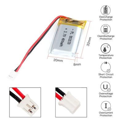 [PH2.0-JST Connector][802030] Universal 400mAh 3.7V Rechargeable Li-Ion Lithium Polymer Battery - Polar Tech Australia