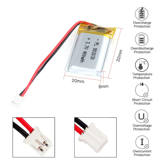 [PH2.0-JST Connector][802030] Universal 400mAh 3.7V Rechargeable Li-Ion Lithium Polymer Battery - Polar Tech Australia