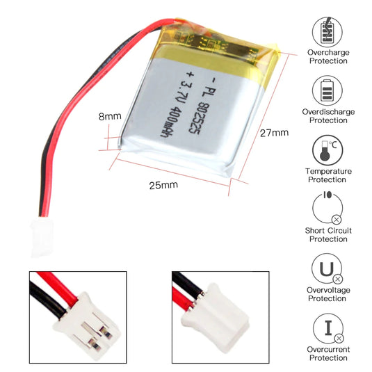 [PH2.0-JST Connector][802525] Universal 400mAh 3.7V Rechargeable Li-Ion Lithium Polymer Battery - Polar Tech Australia