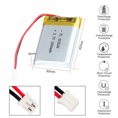 [PH2.0-JST Connector][803040] Universal 1000mAh 3.7V Rechargeable Li-Ion Lithium Polymer Battery - Polar Tech Australia