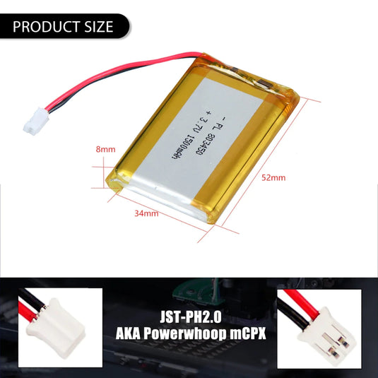 [PH2.0-JST Connector][803450] Universal 1500mAh 3.7V Rechargeable Li-Ion Lithium Polymer Battery - Polar Tech Australia