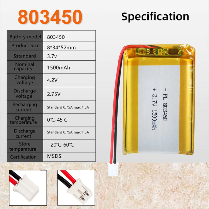 Load image into Gallery viewer, [PH2.0-JST Connector][803450] Universal 1500mAh 3.7V Rechargeable Li-Ion Lithium Polymer Battery - Polar Tech Australia
