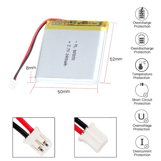 [PH2.0-JST Connector][805050] Universal 2400mAh 3.7V Rechargeable Li-Ion Lithium Polymer Battery - Polar Tech Australia
