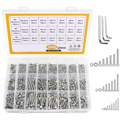 [1080 Pieces] Stainless Steel M2 M3 M4 Hex Socket Screws, Bolts, Nuts & Washers Set with Storage Box