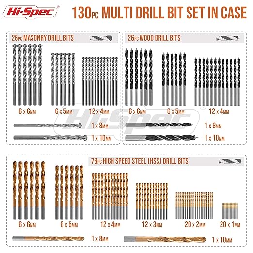 Hi-Spec 130 Piece drill Set DIY drilling in metal, wood and plastic with HSS steel drill with titanium coating