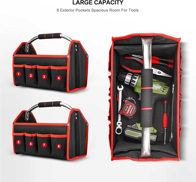 Cargue la imagen en el visor de la galería, 16 Inch Large Capacity 8 Pockets Wide Mouth Electrician Open Top Tool Tote Bag Tool Storage Bag with Handle
