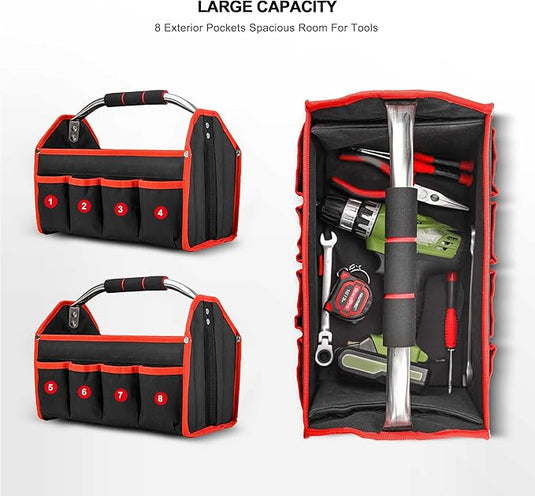16 Inch Large Capacity 8 Pockets Wide Mouth Electrician Open Top Tool Tote Bag Tool Storage Bag with Handle