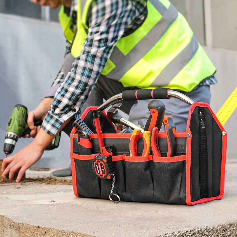 Cargue la imagen en el visor de la galería, 16 Inch Large Capacity 8 Pockets Wide Mouth Electrician Open Top Tool Tote Bag Tool Storage Bag with Handle
